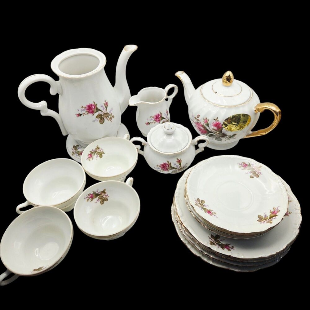 Vintage Japanese Moss Rose 15-Piece Porcelain Tea Set 14K Gold Trim Floral - Picture 3 of 12